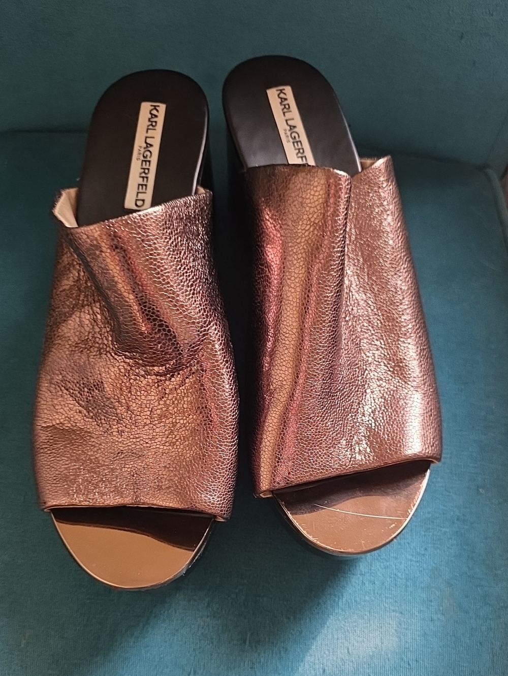 Karl Lagerfeld Metallic Rose Slide Mules